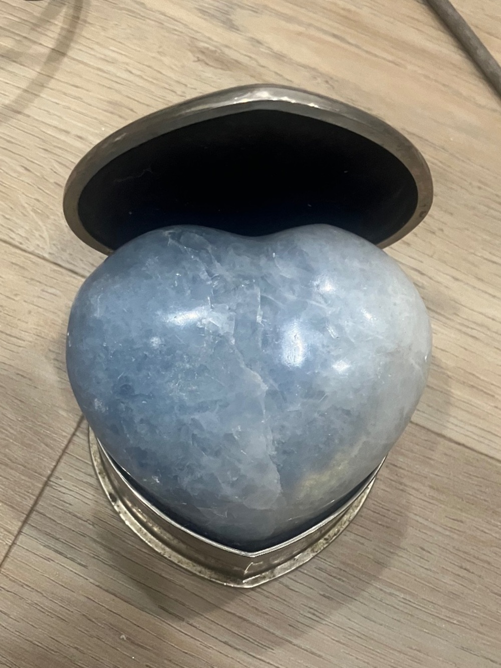 Polished Blue Celestite Crystal Heart with Vintage Silver-Tone Heart Trinket Box